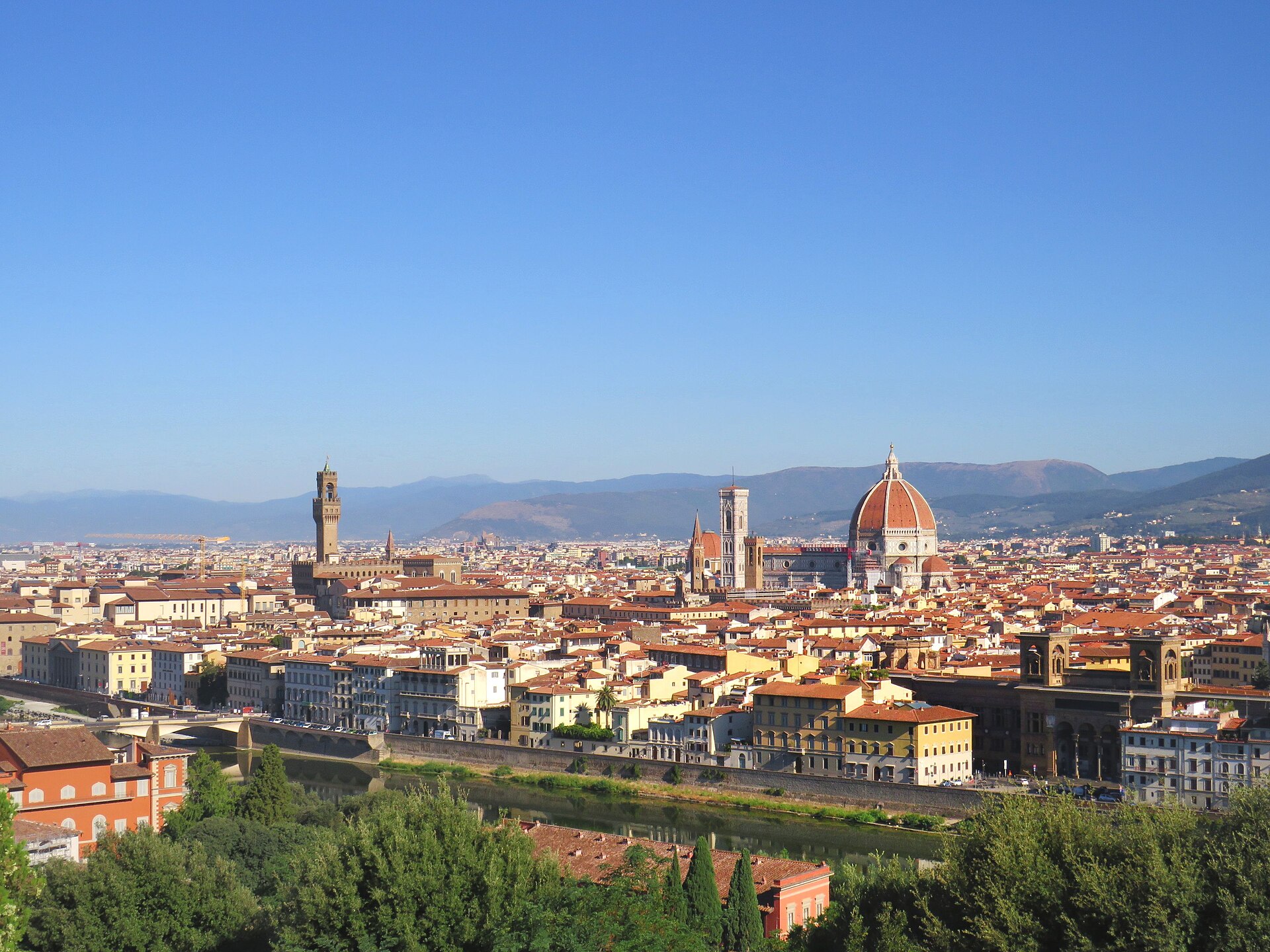 Panorama of central Florence seen from Piazzale Michelangelo, with the cathedral dome and the Palazzo Vecchio tower