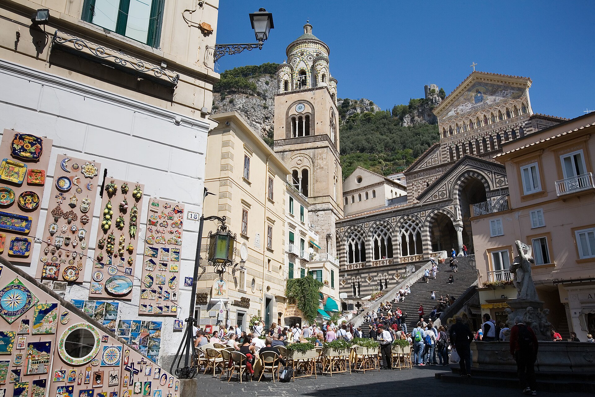 The town of Amalfi on the Tyrrhenian coast, houses stacked up the ravine behind the harbour