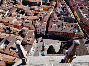 The Torrazzo bell tower and the cathedral of Cremona seen from the square