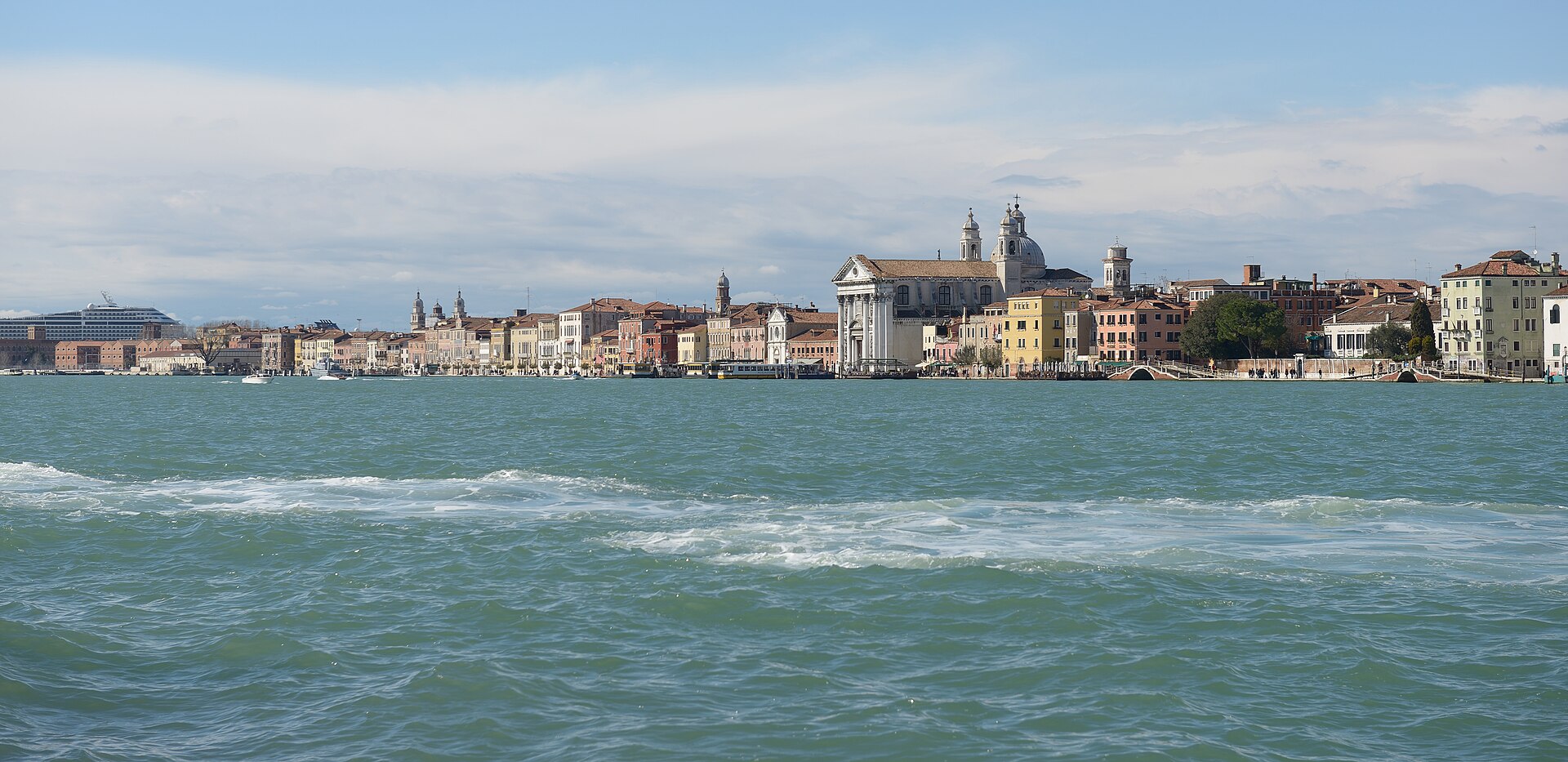 The Giudecca canal in Venice seen from the water, with the Zattere waterfront