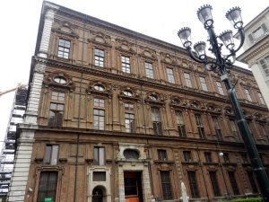 The exterior facade of the Museo Egizio building in Turin