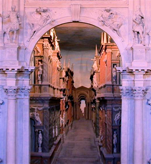 The false-perspective street scene of the stage at the Teatro Olimpico in Vicenza