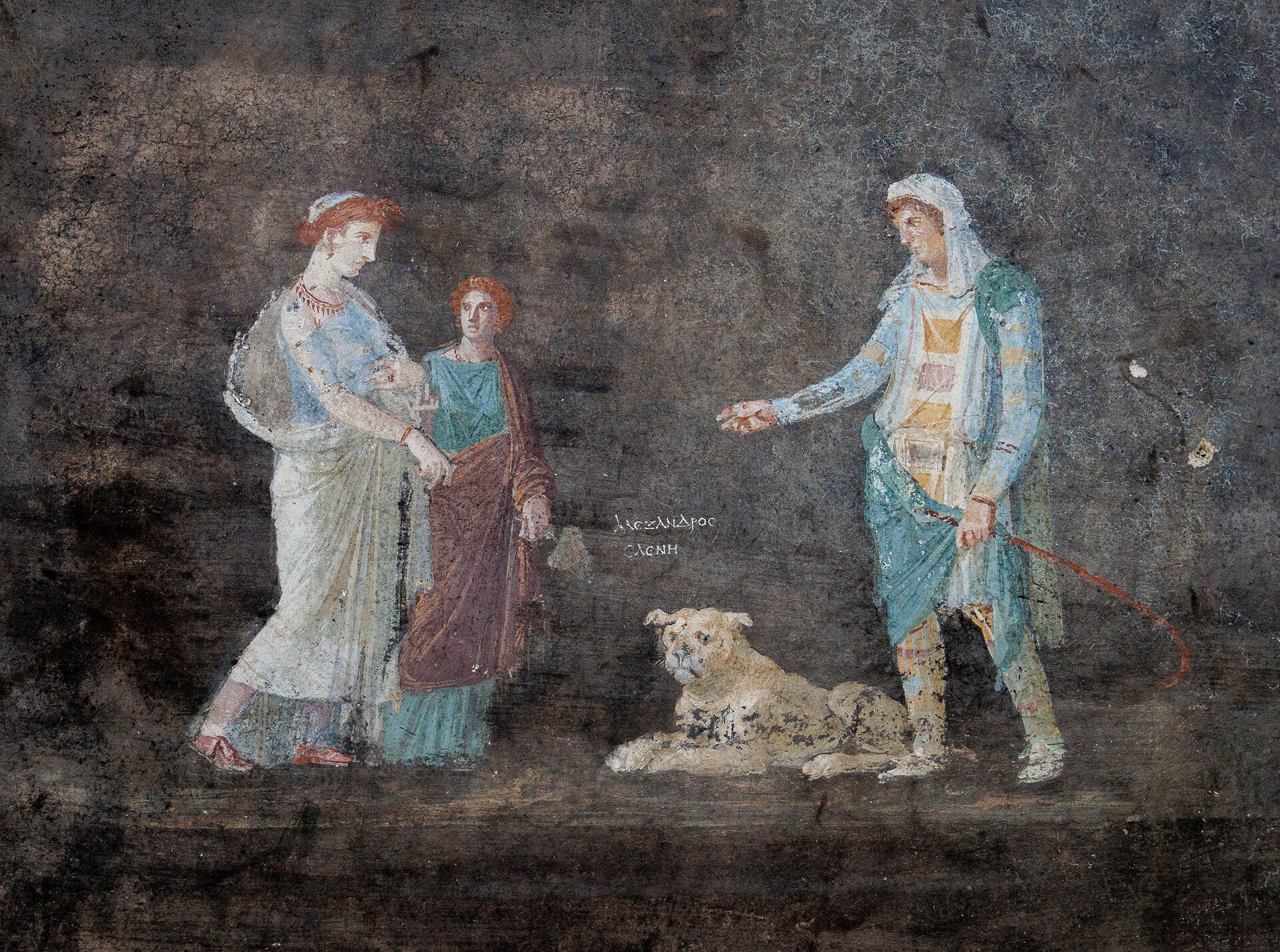 Fresco on a black wall showing the mythological meeting of Helen and Paris, found in Pompeii's Regio IX