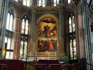 Titian's altarpiece of the Virgin Mary rising into heaven above astonished apostles